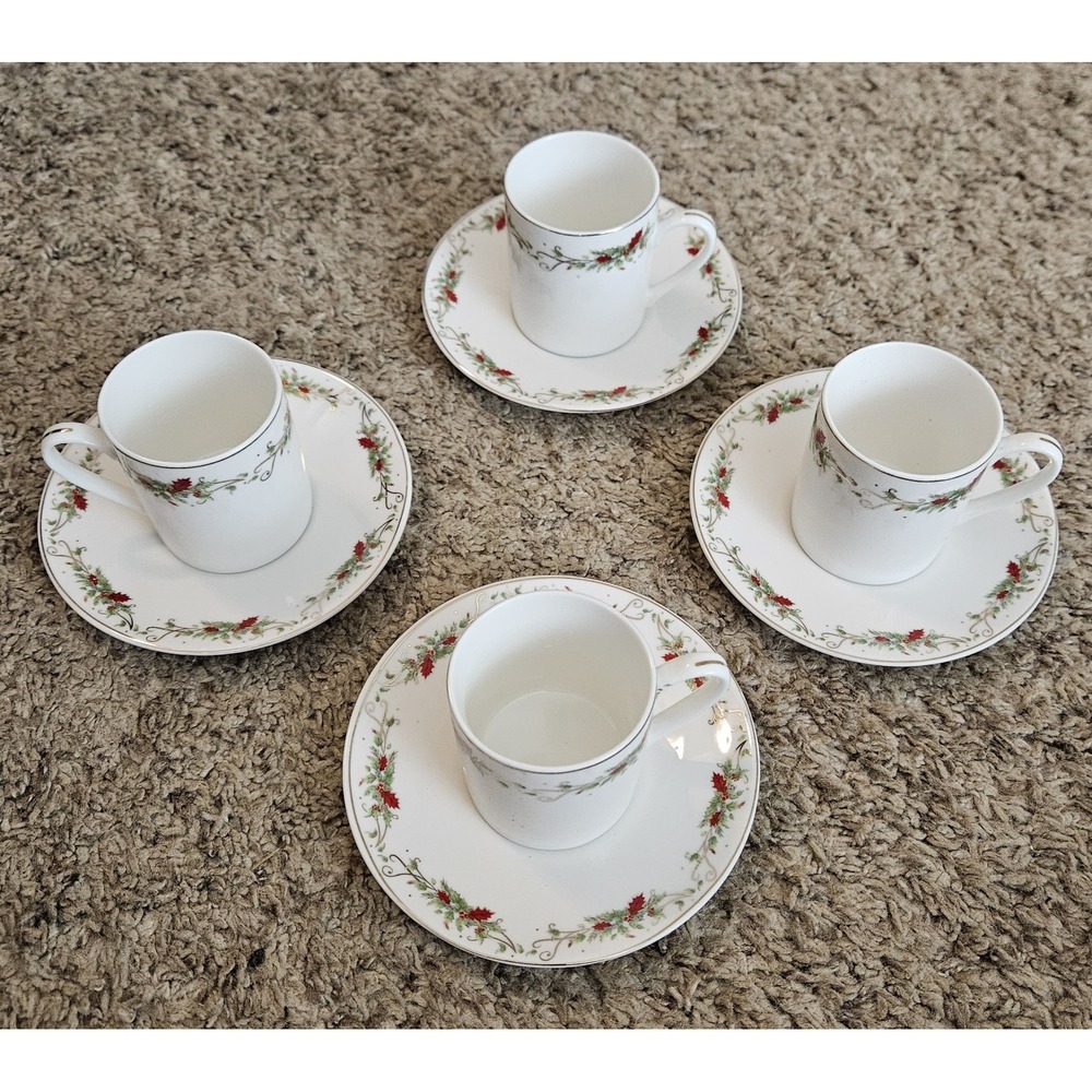 NEW-Opened Box To Take Pictures Grace Teaware Christmas Holly Cups‎ & Saucer Set